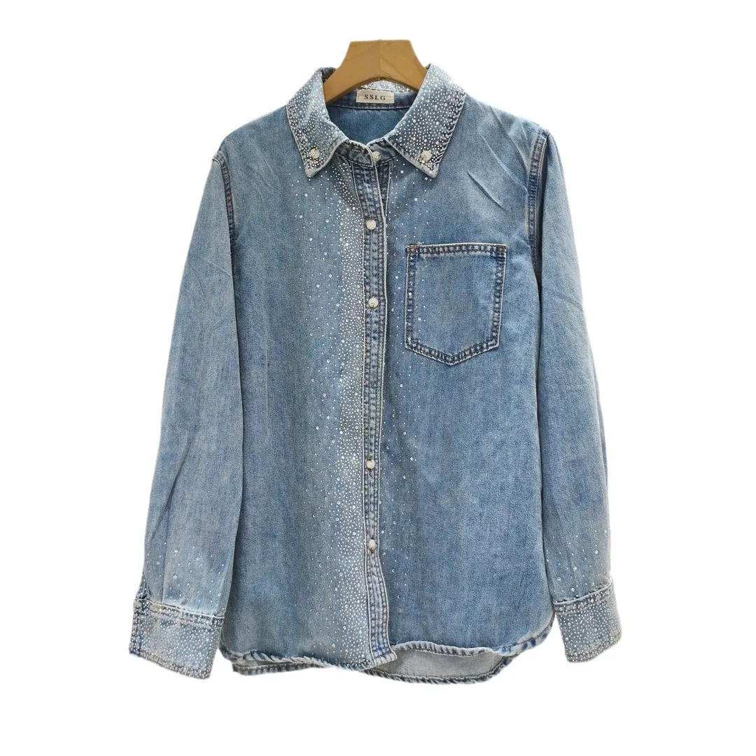 Fashion Brand Heavy Hot Drilling Long Sleeve Denim Shirt for Women 2024 Spring New Polo Collar Loose Mid-Length Long Sleeve Top