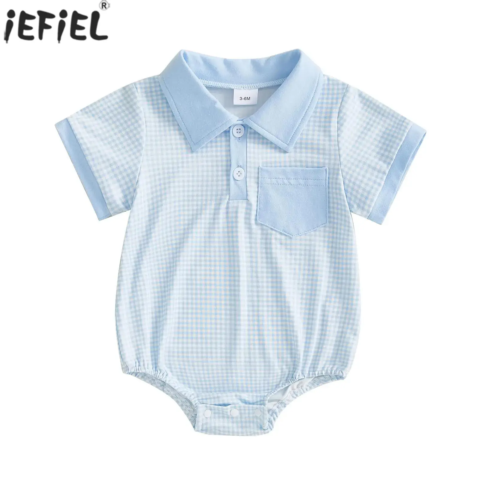 

Baby Boys Girls Summer Plaid Rompers Short Sleeve Lapel Pocket Button Jumpsuit Toddler Outfit Clothing Baptism Party Casual Wear