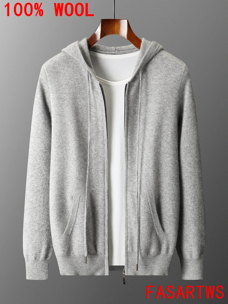 

Men Hoodie 100% Pure Wool Sweater Large Size Cashmere Zipper Hooded Cardigan Leisure Street clothes Autumn Winter High-end Coat