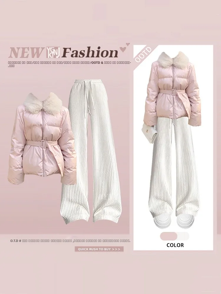 

Теплый хлопковый комплект джерта и брюк, женский зимний комплект из двух предметов для похудения, повседневный комплект из двух предметов с меховым воротником и застежкой на талии