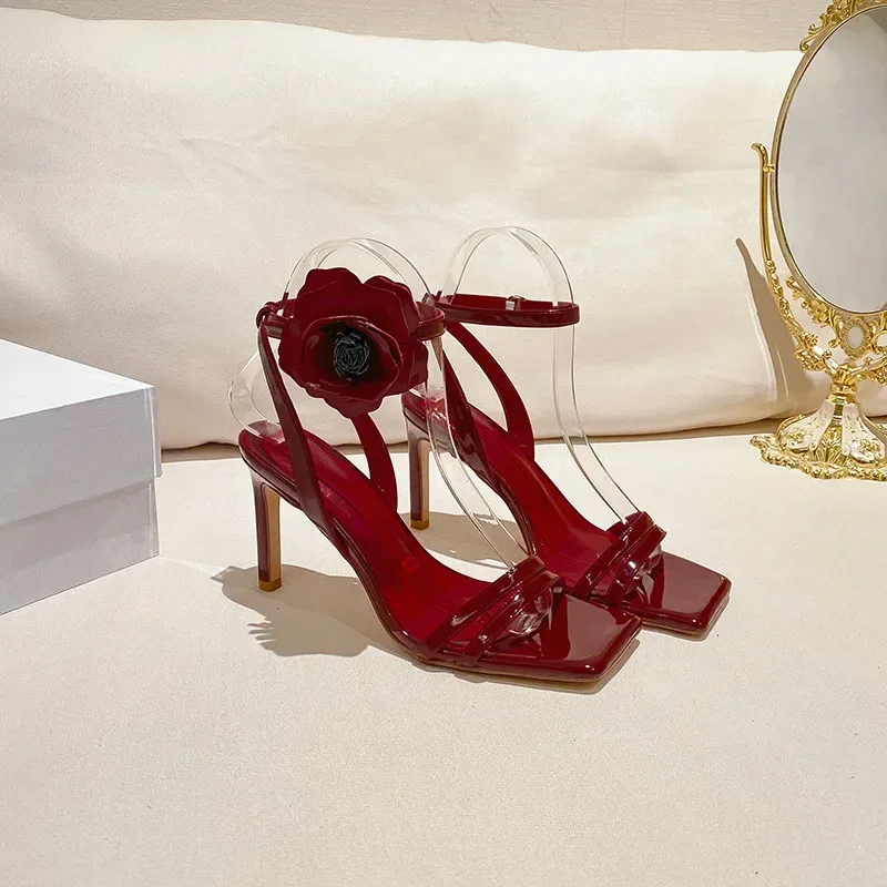 Summer Women Sandals Flower Patent Leather 9CM Thin Heels Buckle Strap One Character Strip Dress Women's Shoes Wine Red