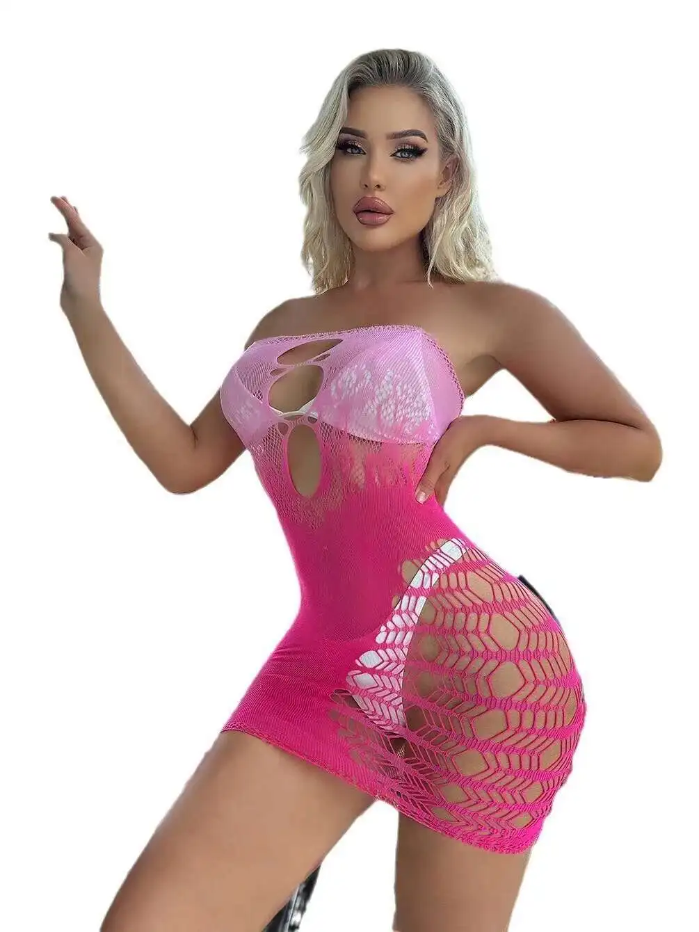 فستان مجوف متدرج وردي بدون حمالات فستان نسائي مثير معانقة الورك أنيق شبكي دانتيل فستان قصير حلو 2025 قمة جديدة YMG3