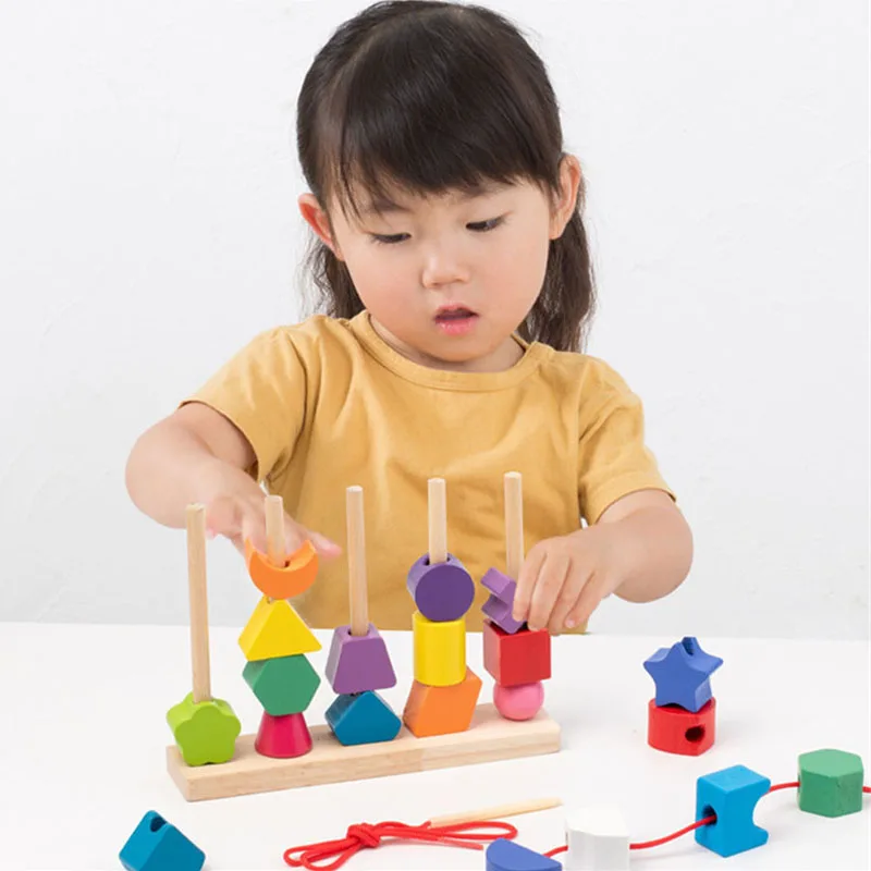 Kids Montessori Wooden Beads Sequencing Toy Stacking Blocks Lacing Beads Matching Shape Stacker Montessori Learning Toys Gifts