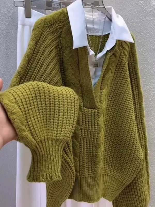 Jersey con cuello POLO de manga larga para mujer, Top falso de dos piezas con diseño de nicho, suéter de punto Retro francés para otoño e invierno