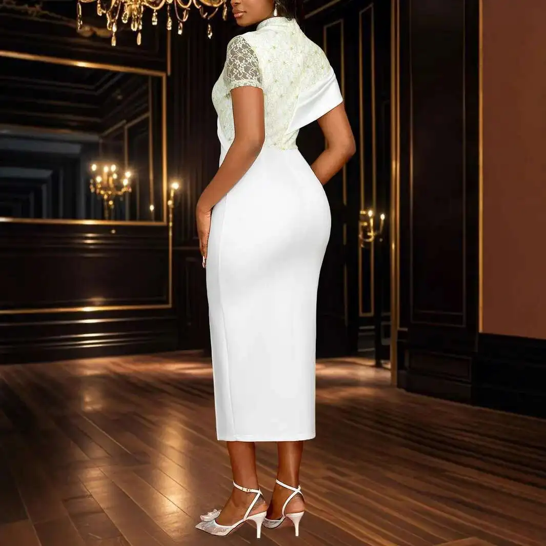 

Neck Am050223 Round Sheer Lace Short Sleeve Dress Party Wedding Bridesmaid Split Dress Summer Dress Robe Vestido Women Elegant