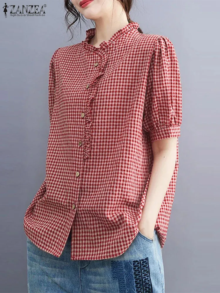 

ZANZEA Short Puff Sleeve Casual Loose Blouse Grid Elegant Checked Korean Fashion Tunic Tops Spliced Ruffle Button Up Women Shirt