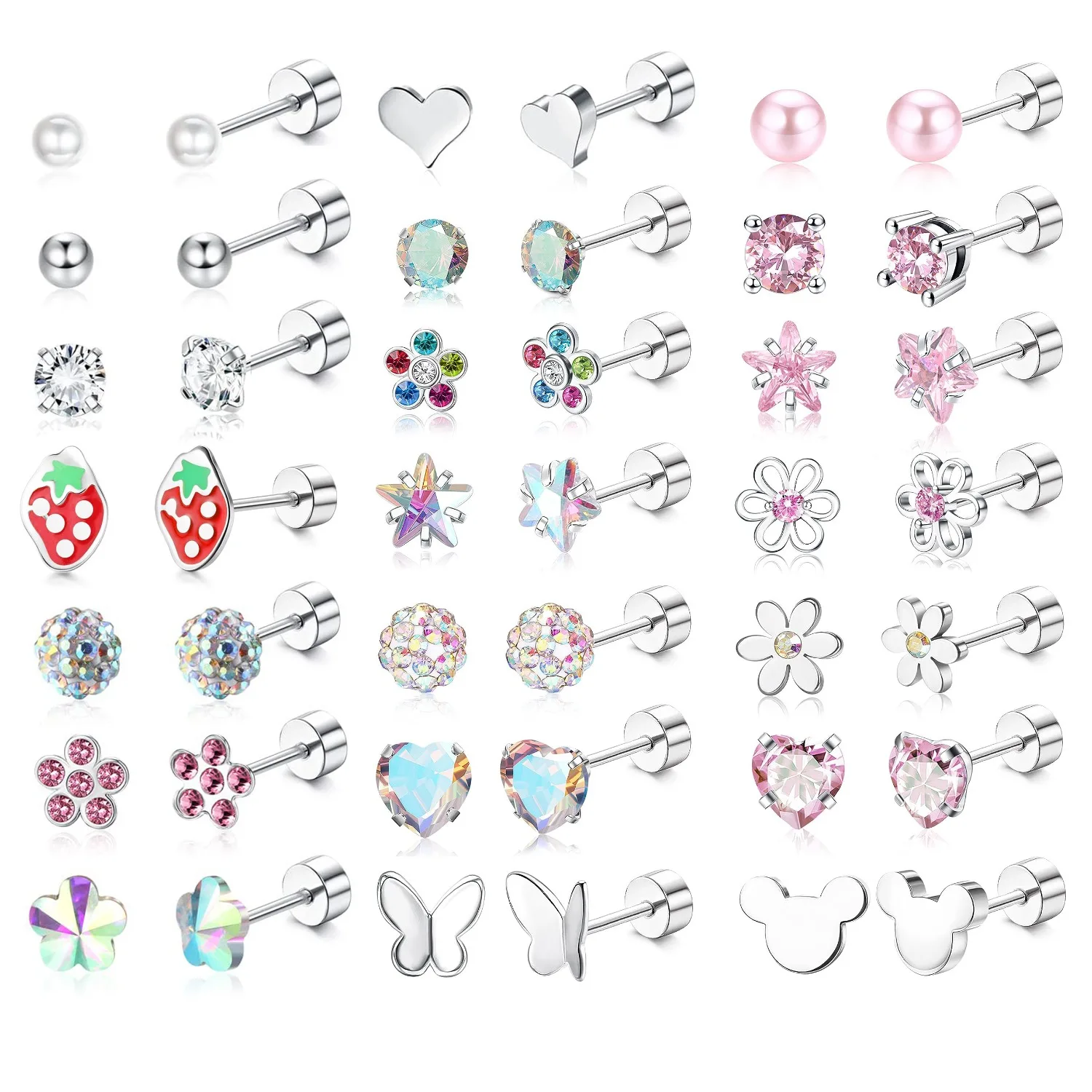 Bobisty 1 Pair Hypoallergenic Screw Back Earrings for Women 316L Stainless Steel CZ Flat Back Stud Earrings Jewelry Gift