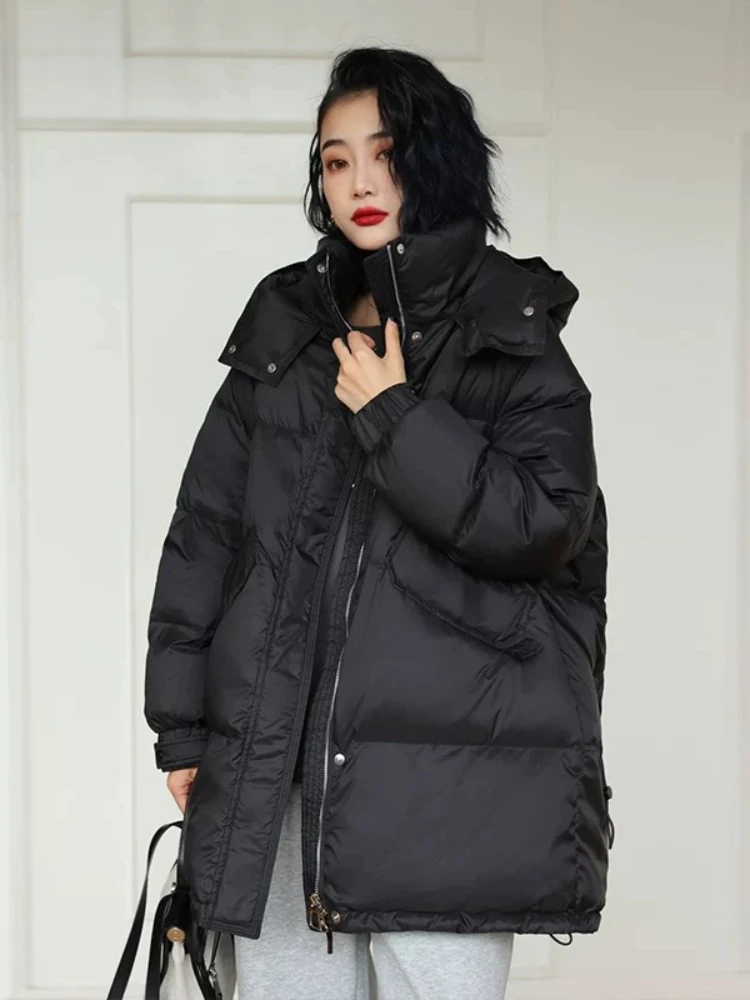 Women\'s Down Jacket Winter Coat Female Simple Casual Loose Hooded Outerwears Windproof Thickened Warm Mid-length Puffer Coats