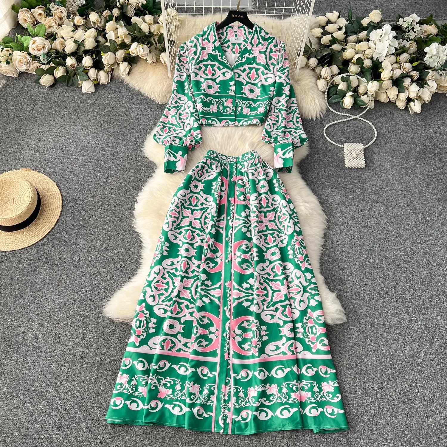 2024 New Spring Summer Women Flower High Quality 2 Piece Set Blue And White Porcelain Short Tops+Beach Long Dresses