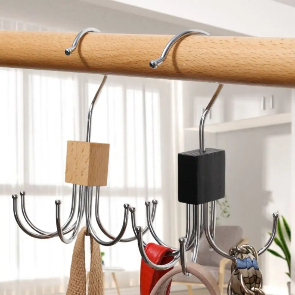 New Wooden Hanger Universal Rotatable Wardrobe Hook Traceless Six-claw Belt Organizer