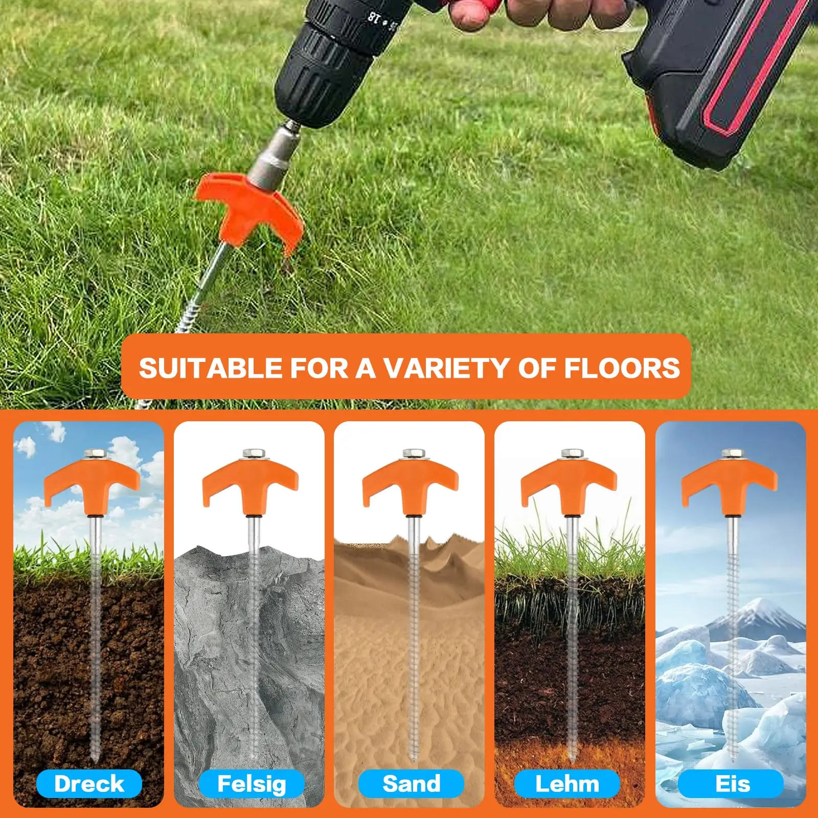 أوتاد خيمة معدنية شديدة التحمل مقاس 11 قطعة مقاس 8 بوصات - مثبتات لولبية للأرض الصلبة مع محول مثقاب