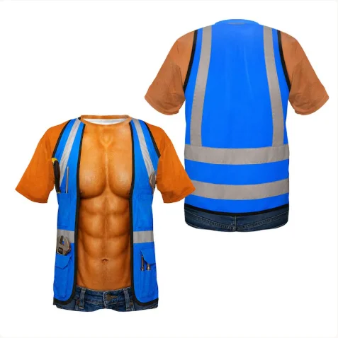 Men Novelty 3D Fake Muscle Safety Vest Print T‑Shirt Funny Construction Workwear Reflective Graphic Polyester Short Sleeve Tee