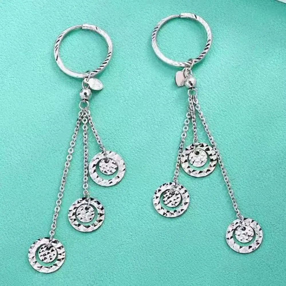 Real Pure Platinum 950 Hoop Women Lucky Round Circle Tassel Dangle Earrings 3.98g