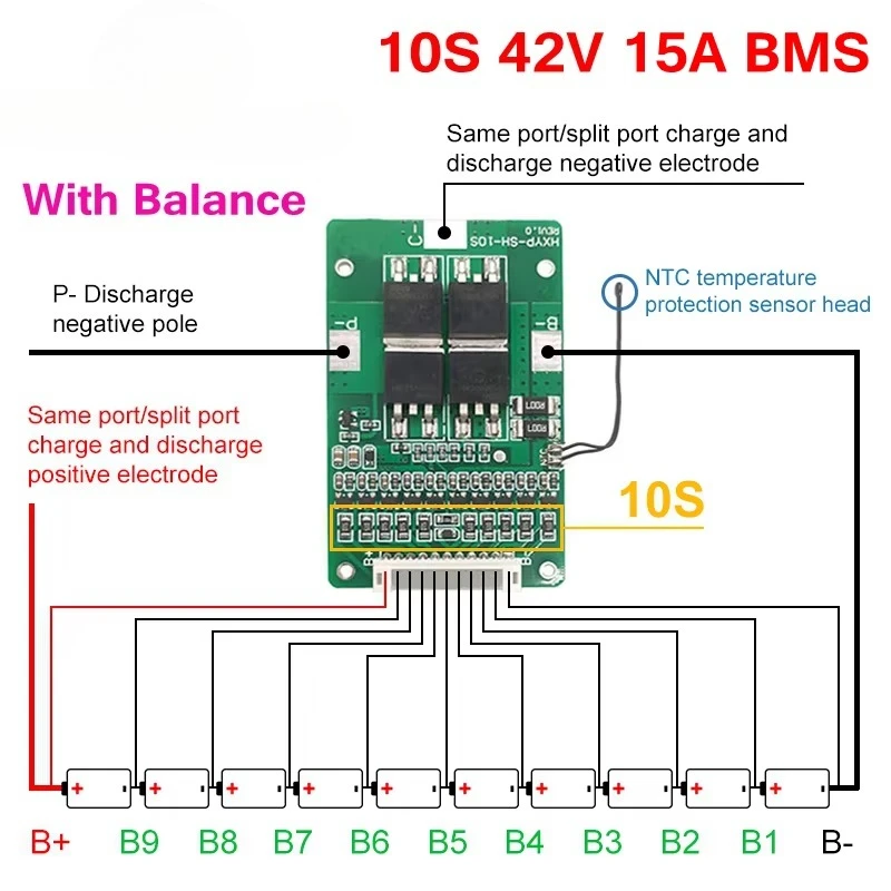 10S BNS built-in temperature controlled polymer battery cell 15A 42V lithium battery protection board with balanced power module