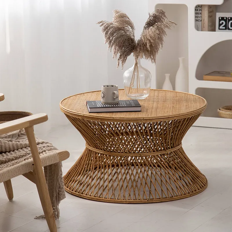 Handwoven Rattan Side Table, East Asian Wabi Sabi Style Distressed Accent Table for Living Room,  Natural Vintage End Table