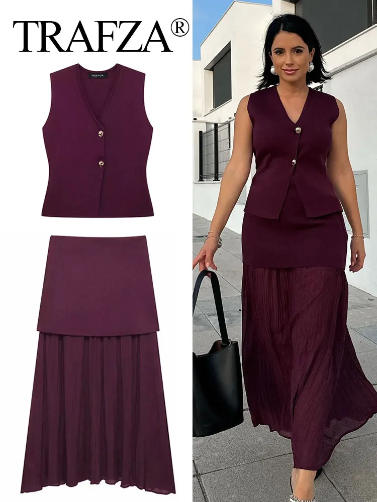 TRAFZA 2024 Women Skirt Set Wine Red Knitted V-Neck Sleeveless Slim Vest +Solid High Waist Zipper Patchwork Long Skirt Street