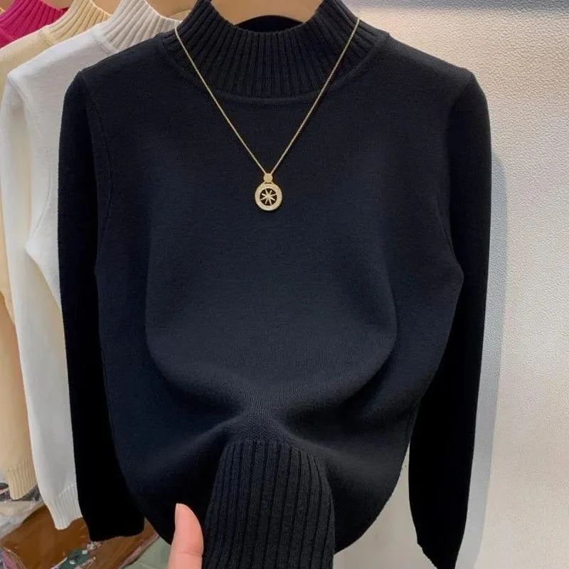 Suéter de punto de Cuello medio alto para mujer, jersey de manga larga, blusa elástica suave negra, otoño e invierno, 2024