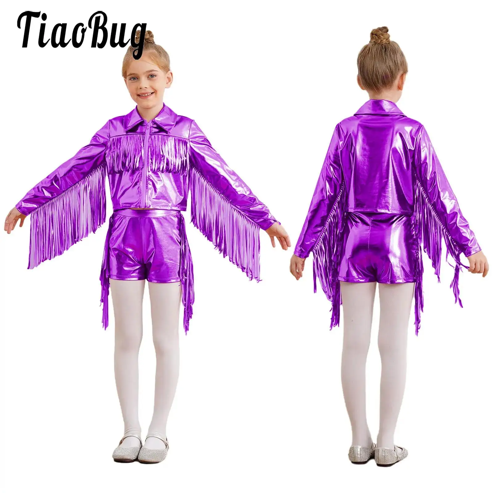 

Girls Tassels Metallic Jazz Tango Dance Outfit Performance Costume Long Sleeve Zipper Fringe Jacket with Shorts Disco Dancewear