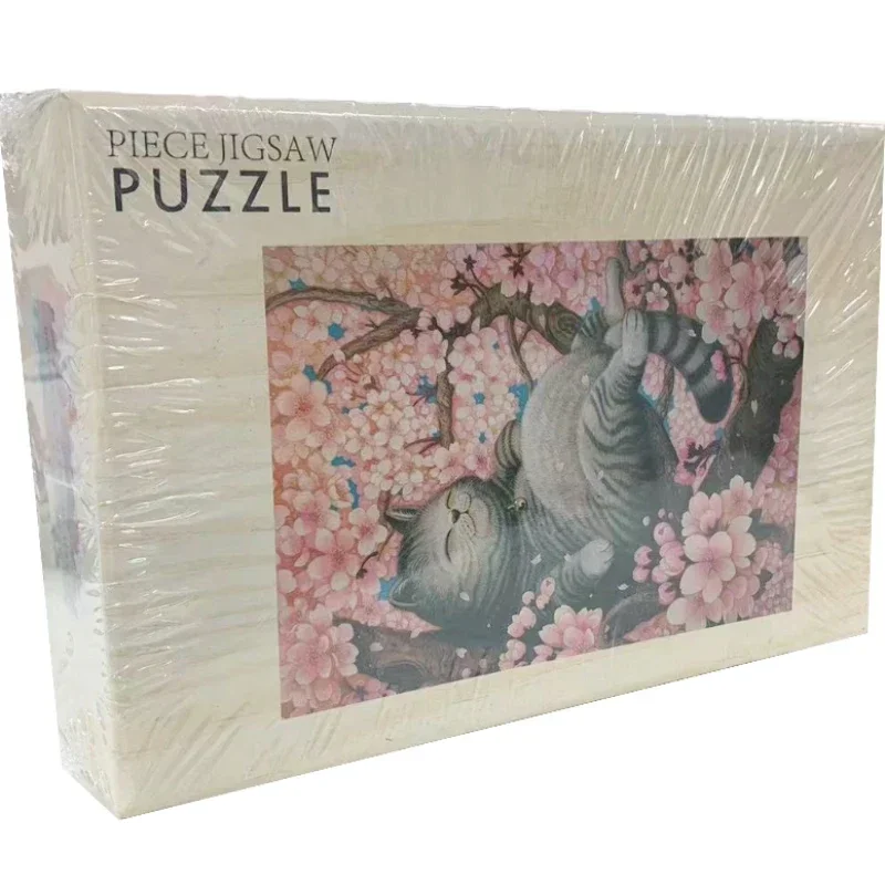 38*26cm Adults 1000 Pieces Paper Jigsaw Puzzles Cherry Blossom&Cat Cute Animals Paintings Stress Reducing Toys Christmas Gifts