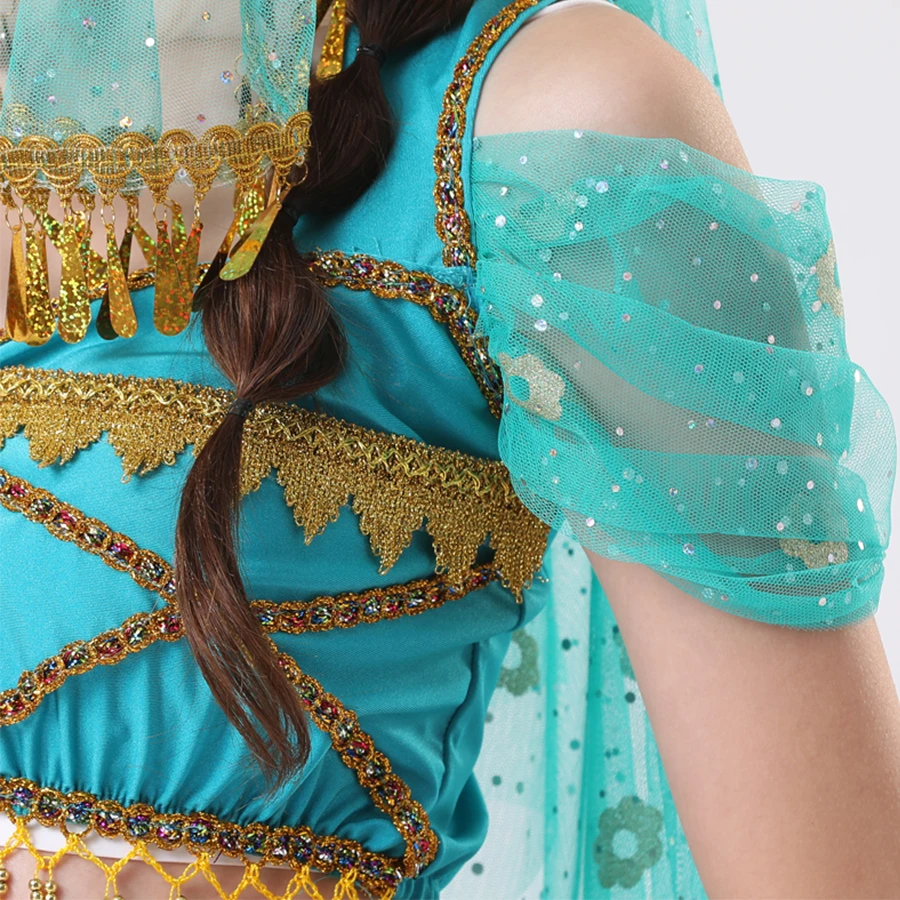 เทศกาลฮาโลวีน Arabian คอสเพลย์เจ้าหญิงจัสมินเครื่องแต่งกาย Belly Dance อินเดีย Bollywood Veil Top กางเกงอุปกรณ์เสริมชุดเทศกาล