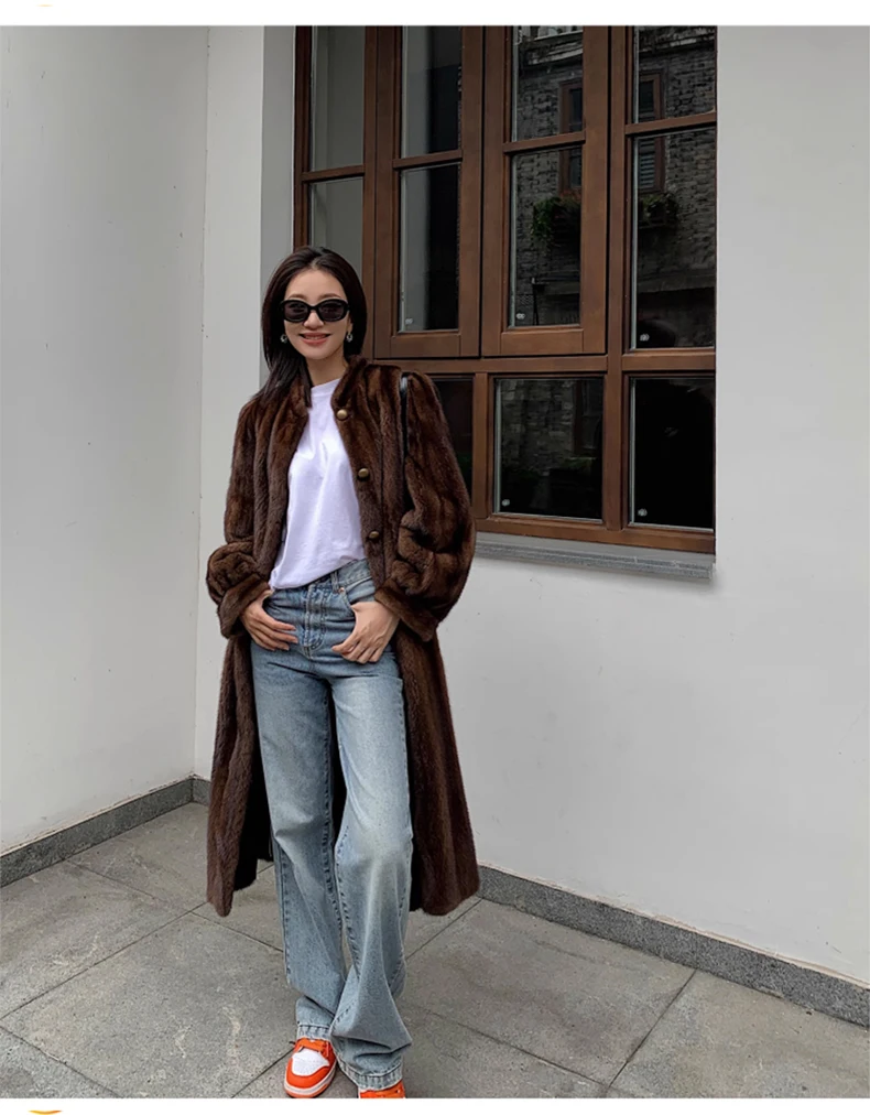 Lautaro Winter Long Brown Thick Warm Soft Faux Mink Fur Coat Women Puff Sleeve Elegant Luxury Chic Fluffy Furry Overcoat 2023