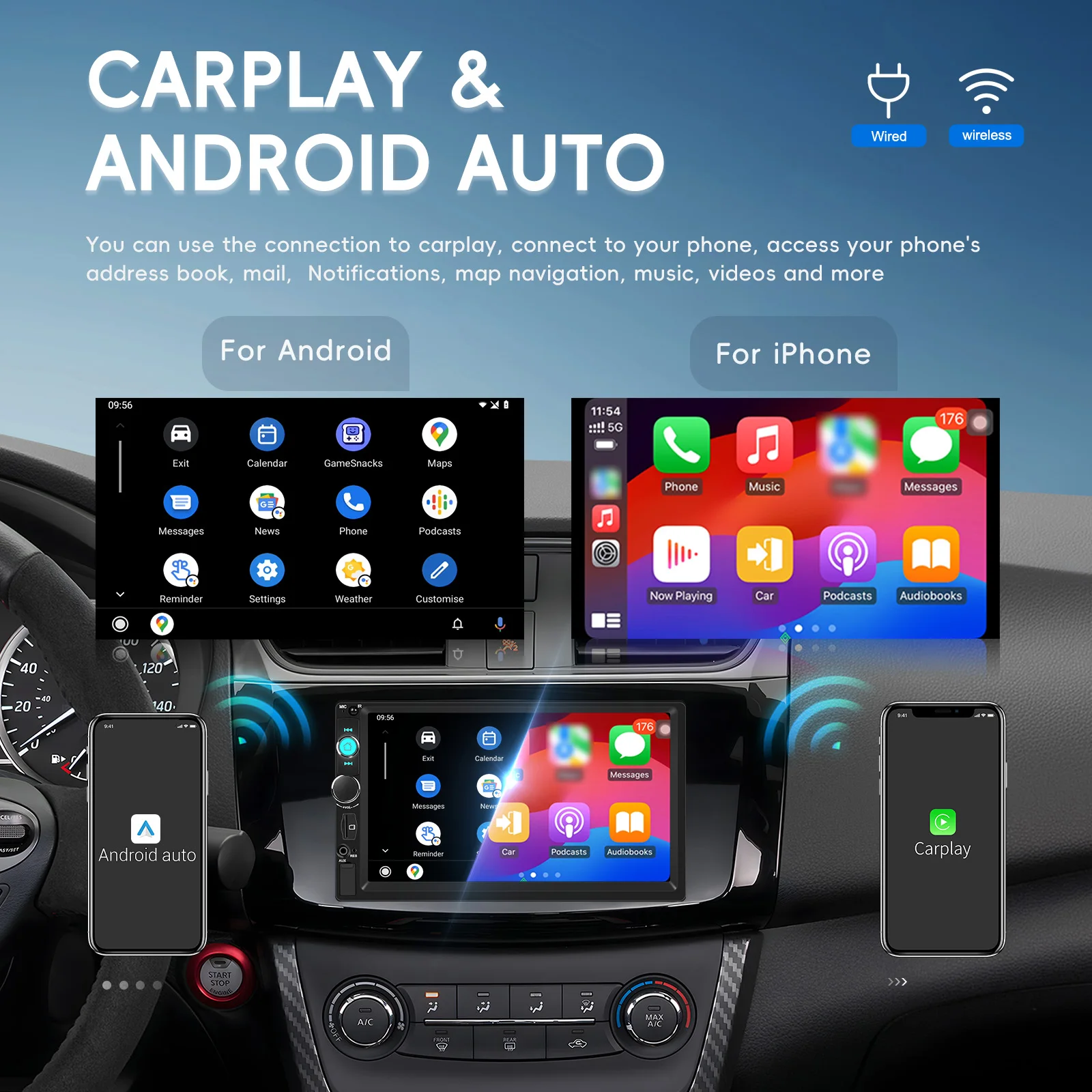Podofo 7 Inch Car Stereo MP5 Multimedia Player 2Din Carplay Android auto BT FM Radio Receiver Support DAB