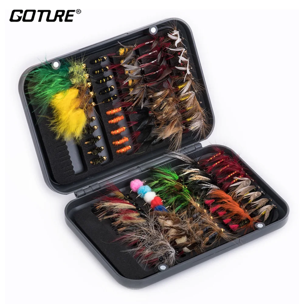 

Goture 76-100Pcs/Box Trout Nymph Fly Fishing Lure Dry/Wet Flies Nymphs Ice Fishing Lures Artificial Bait with Boxed