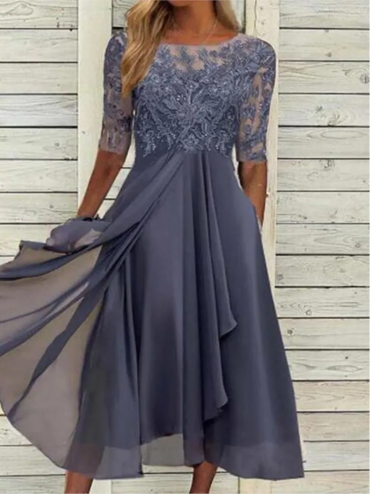 Vestido de cintura de manga corta con cuello redondo a la moda para mujer elegante gasa de Color sólido empalmado ​ ​ Vestidos de noche huecos de encaje Mujer