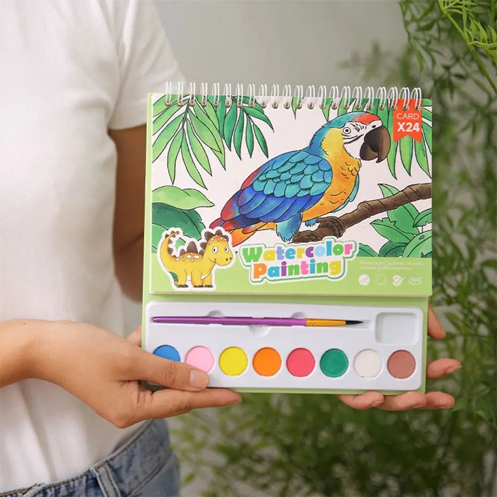 Cartoon Watercolor Painting Book 24 Pages Paintbrush Coloring Book Kit with 8 Color Pigment No-repeat Pattern