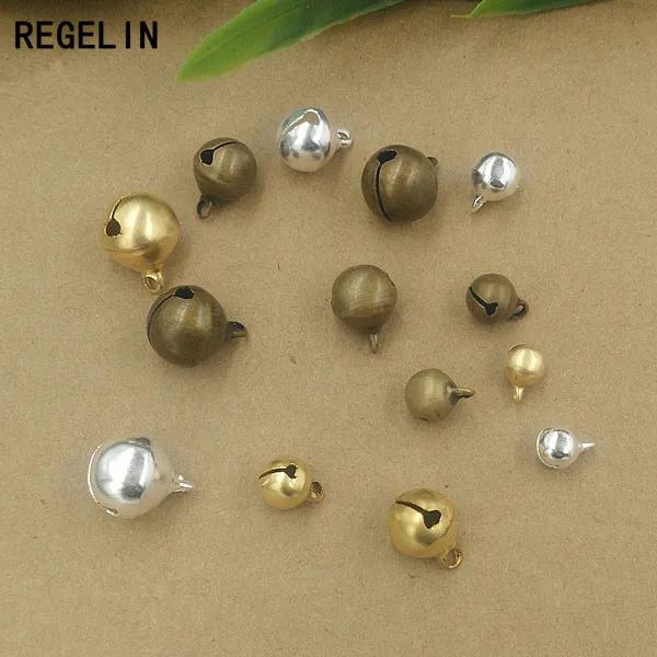 REGELIN Copper Pendant Charm Antique Bronze Raw Brass Color Tinkle Bell 100pcs 6/8/10/12mm Christmas Decoration DIY Jewelry