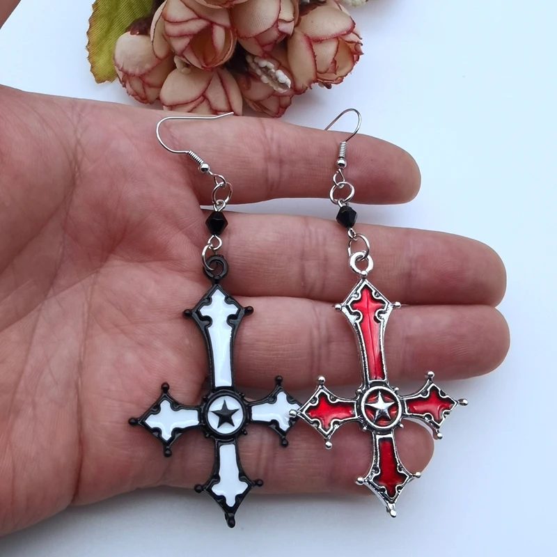 Red Bloody Inverted Cross Pendant Earrings Vintage Gothic Cross Pendant Earrings Devil Lucifer Satan Satan Jewelry