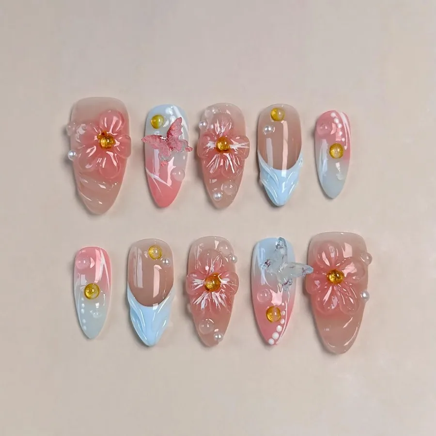 

Handmade Medium Almond Fake Nails with Glue in Blue French Press Design Featuring 5D Flower Art and Butterfly Charm MultiLayer