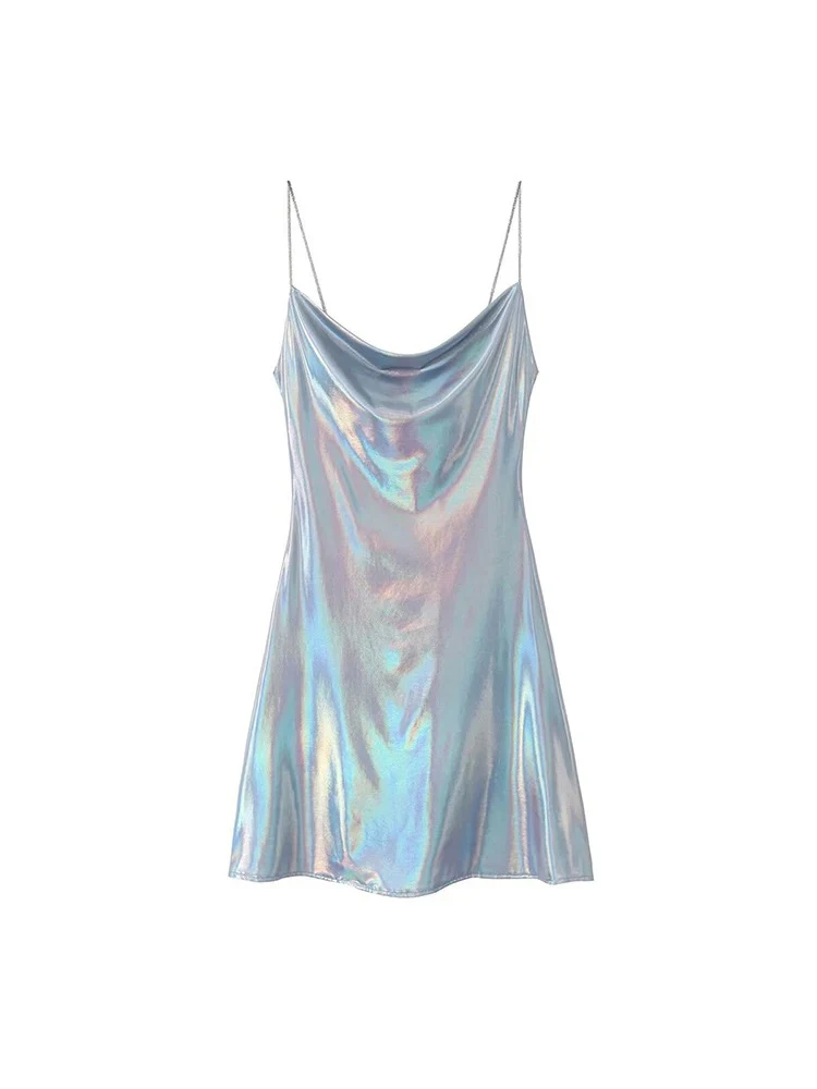 Women's Metallic Colour Glitter Dress Sexy Backless Sleeveless Spaghetti Strap Dresses Party Bar Sleeveless Short Dresses