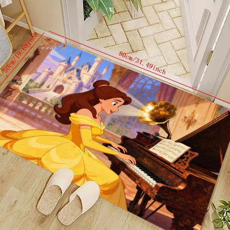 

1 шт. Коврик для пола Disney Princess Belle Playing Piano, Нескользящий мягкий коврик с замком «Красавица и чудовище», Kawaii Aesthetic En