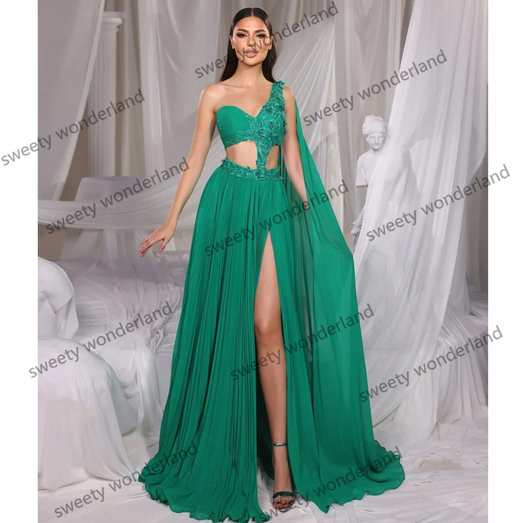 Green One Shoulder Prom Dresses فساتين سهرة Side Slit Maxi Gown with Wrap Lace Appliques Wedding Party Dress bestidos de gala