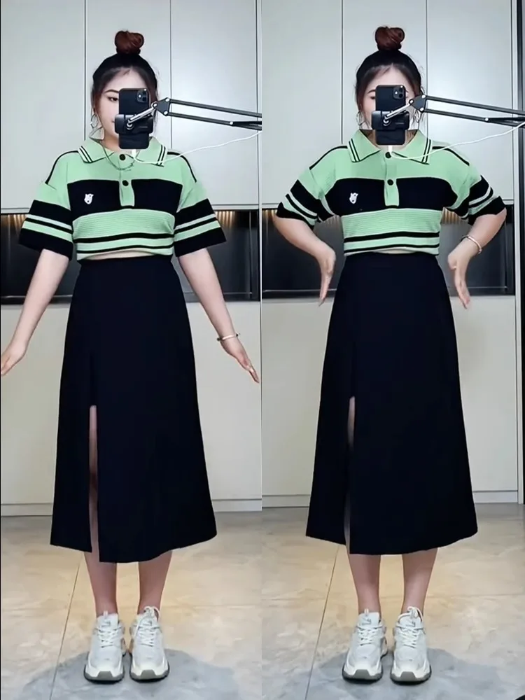High Waist A-Line Midi Skirt Suit for plus Size Women Summer Slimming Split Korean Style Commute Long Skirts Pants