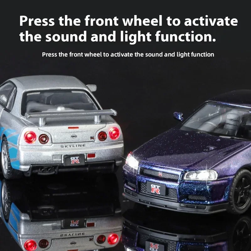 1:32 Nissan GTR R34 Skyline Supercar Alloy Metal Diecast Car Model Toy Racing Car Simulation Sound Light Childrens Gift