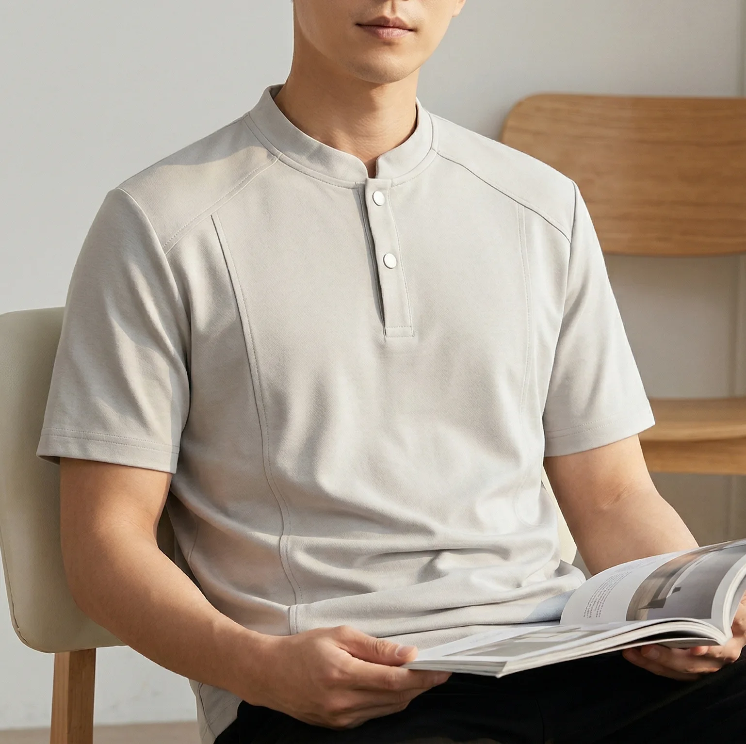 Heavy Henry Collar T-shirt Men's 2026 Summer New Loose Three-dimensional Tailoring Metal Snap-button Casual Short-sleeved Top