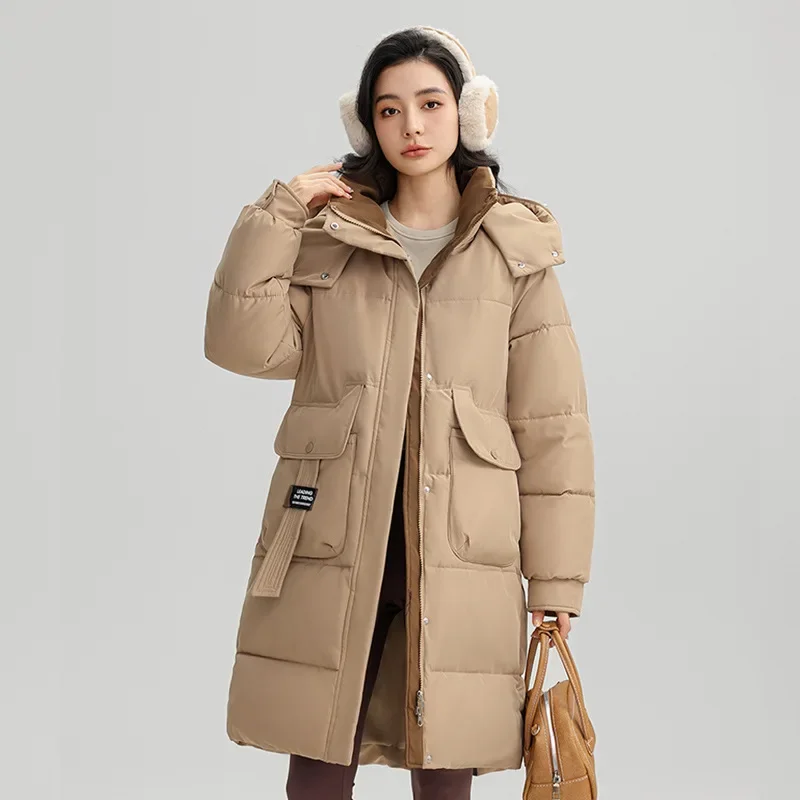 Maxi Coats Parkas Women Autumn Winter Jacket Thick Warm Loose Casual Hooded Zipper Stand Collar Pockets Elegant Splice Coat