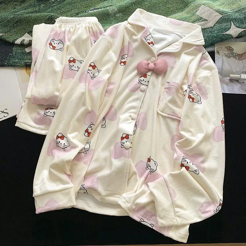 

Sanrio Hello Kitty women's Pajamas Set Sleepwear Home Loungewear Sweet Bow Lapel Collar Warm Cozy New Autumn Winter Style