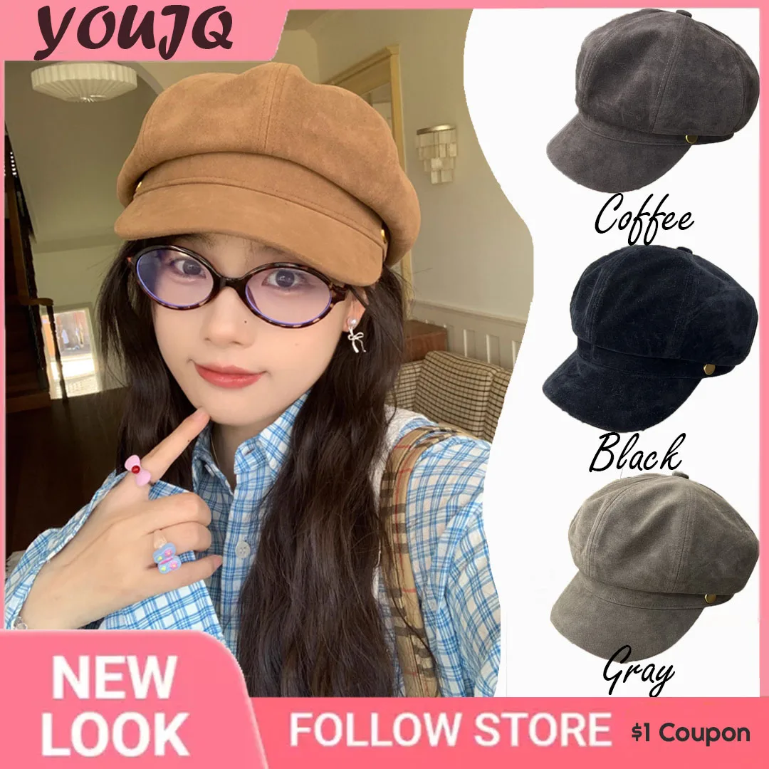 

INS Vintage Suede Beret Octagonal Hats for Women Classic Beanies Cap Flat Brim Artist Berets Female Painter Cap Gorras Hombre