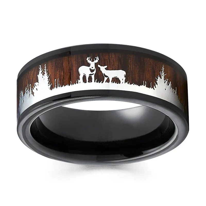 

Trendy Black Tungsten Wedding Band with Wood Inlay And Deer Stag Silhouette Stainless Steel Fashion Charm Jewelry for Men
