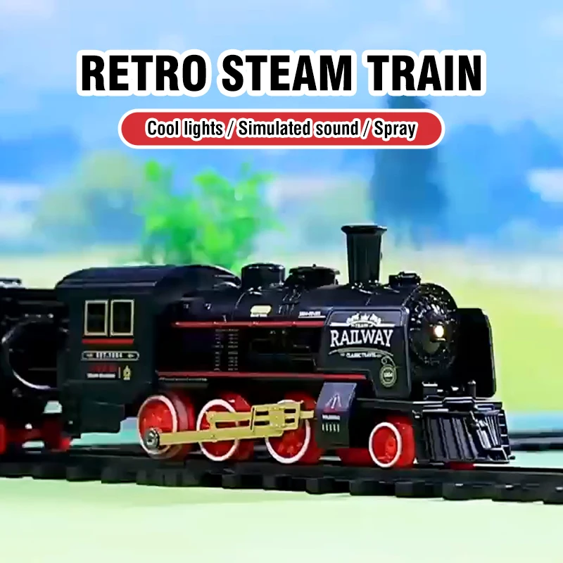 รถไฟฟ้าคริสต์มาส รางรถไฟแบบย้อนยุค รถจักรไอน้ำ พร้อมควัน รถไฟความเร็วสูง ลานจอดรถจำลอง ของขวัญคริสต์มาสสำหรับเด็ก