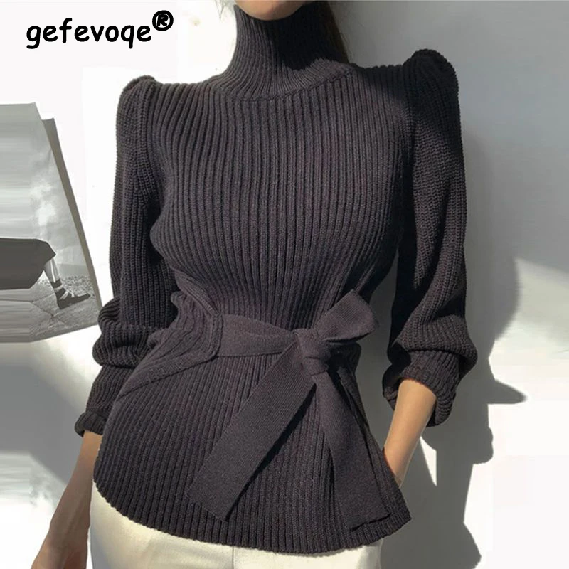 2023 autunno inverno donna Vintage elegante Chic Lace Up dolcevita maglione lavorato a maglia moda Split solido manica lunga pullover Slim