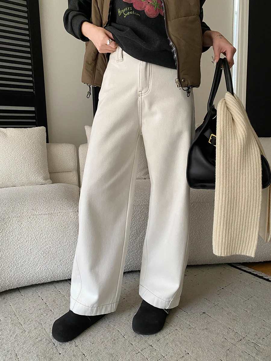 

Женские повседневные однотонные флисовые джинсы свободного кроя с высокой талией и широкими штанинами