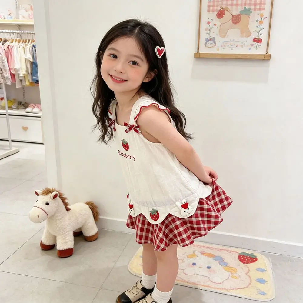 Strawberry Embroidery Girls Summer Dress Gingham Plaid Sleeveless Toddler Sundress Bow Straps Scalloped Hem Princess Dress