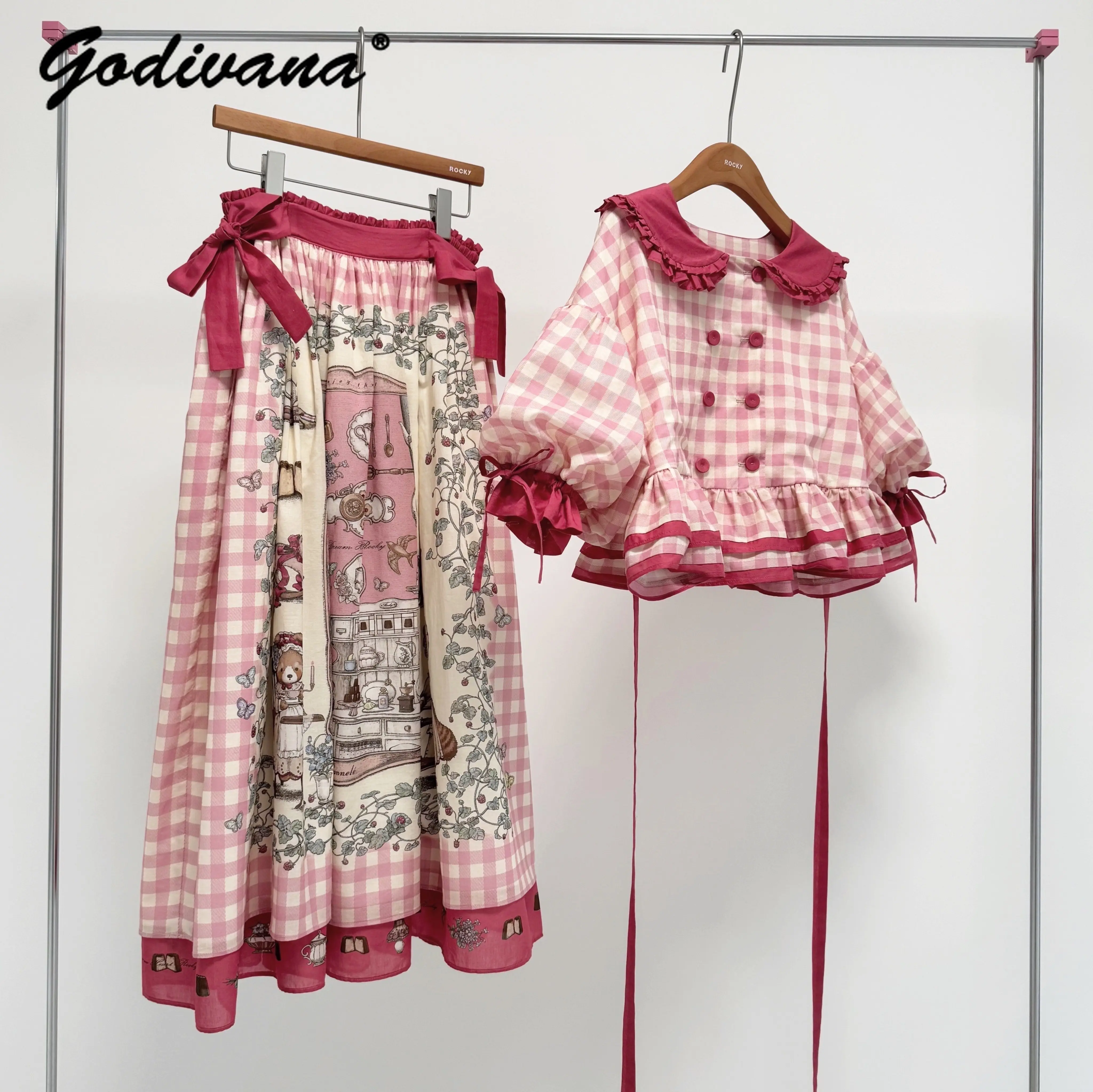 Original New Spring and Summer Lantern Sleeve Plaid Cotton Top + Long Skirt 2 Piece Set Female Girls Lolita Skirt Suit Outfits