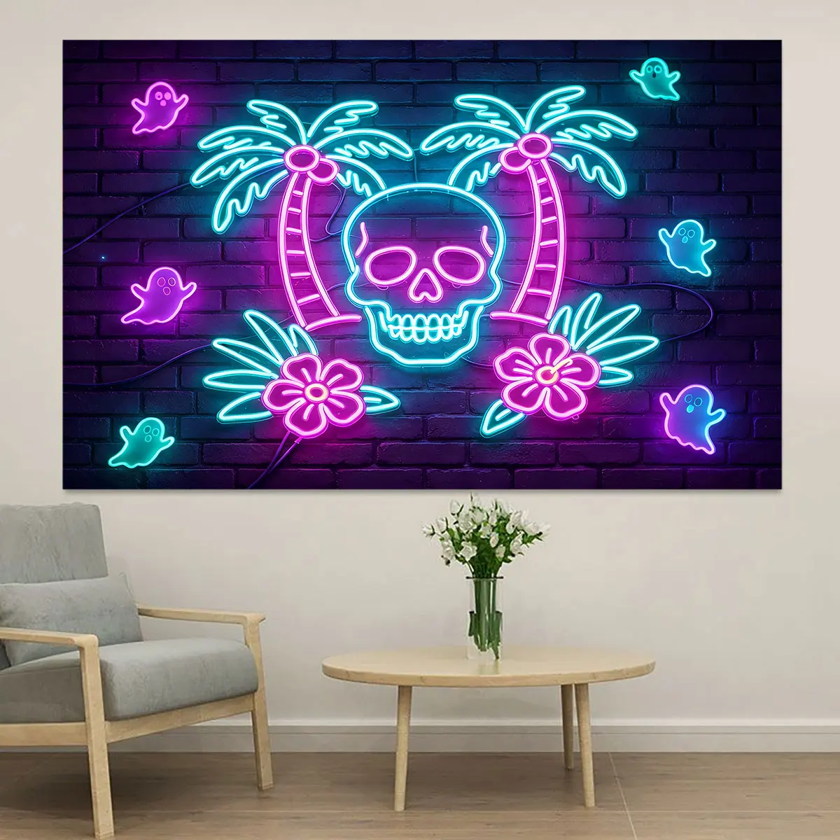 Neon Light Wall Sticker Palm Tree Skeleton Purple Glow Tropical Halloween Wall Decal Removable Peel and Stick Home Decor