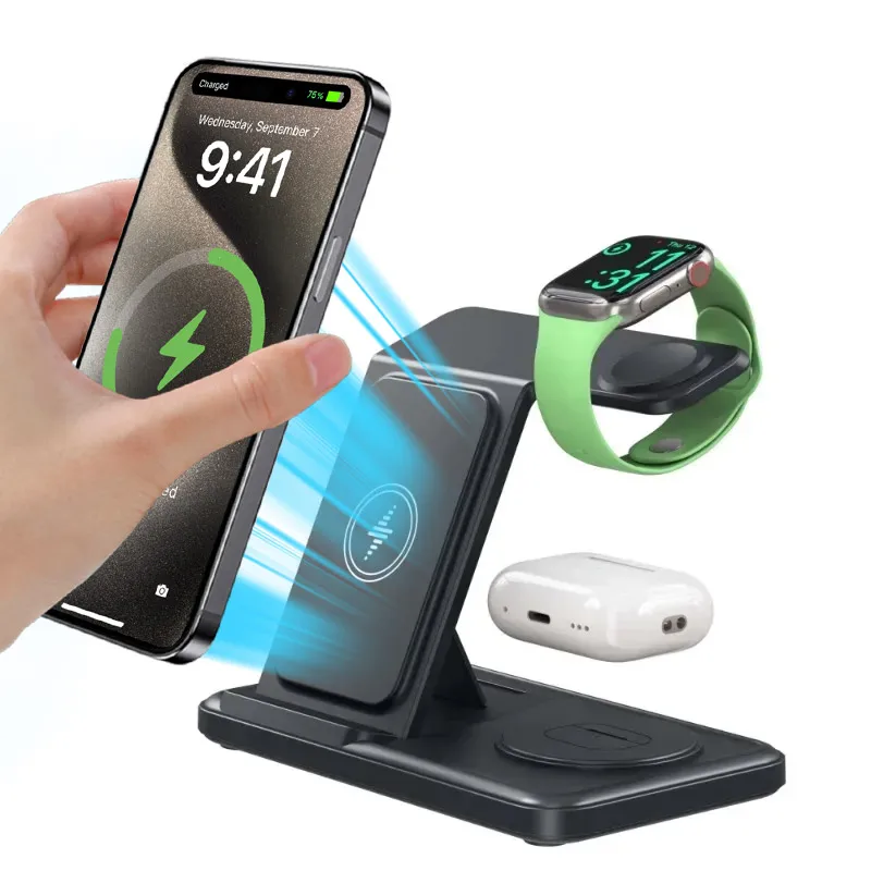 

Беспроводное зарядное устройство 3-в-1 для iPhone 17~12, зарядная станция для Apple Watch 11 10 9 8 7 6 5 4 3, Airpods 4/3/2 Pro3/2, быстрая зарядка