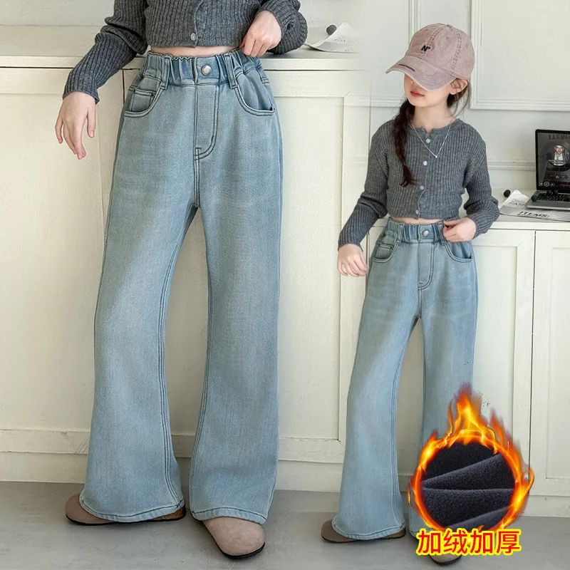 

Детские зимние расклешенные джинсы с флисовой подкладкой для девочек, голубые джинсовые брюки с изоляцией, детские подростковые брюки, От 4 до 14 лет